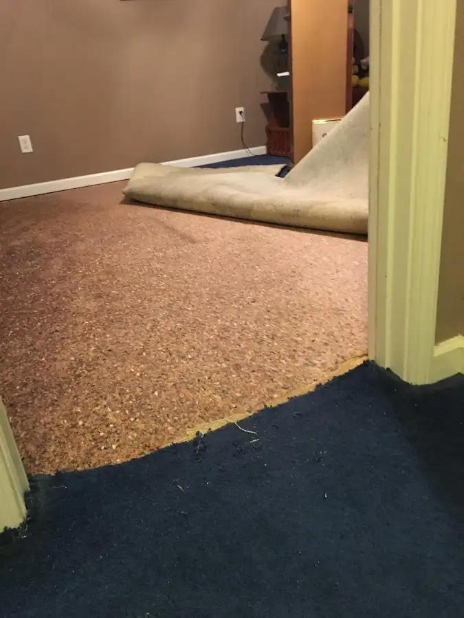 Carpet pad removal revealing water damage during Drying & Dehumidification in Greenbrier